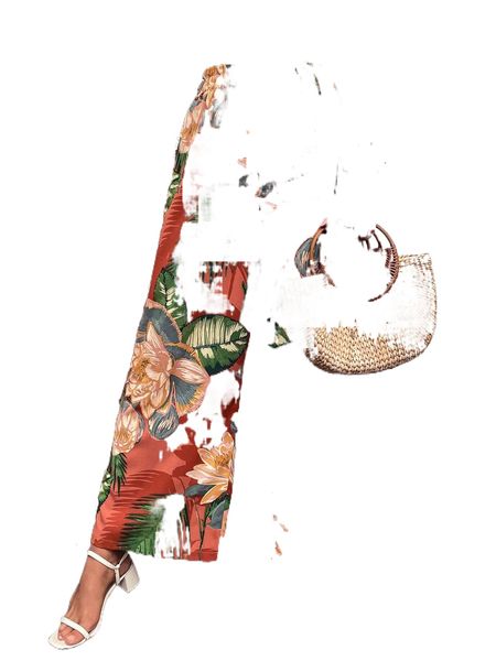tropical print paperbag waist wide leg pants n5hg#, Black;white