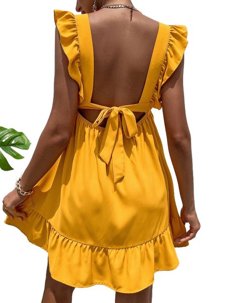 tie backless ruffle trim dress a4ml#, Black;gray
tie backless ruffle trim dress a4ml#, Black;gray