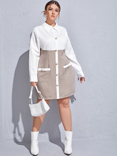 plus plaid single breasted 2 in 1 shirt dress 83fx#, Black 
plus plaid single breasted 2 in 1 shirt dress 83fx#, Black