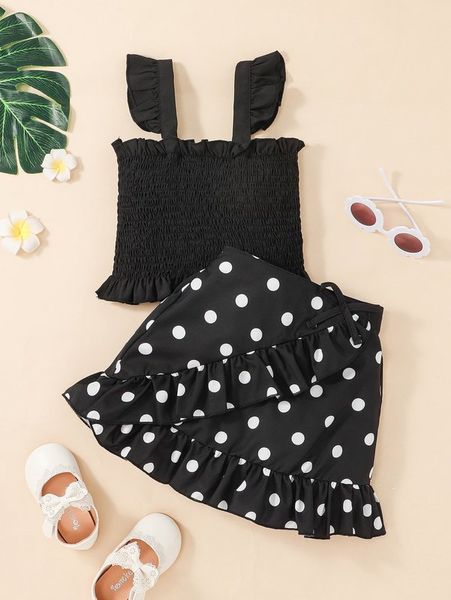 toddler girls frill shirred & polka dot ruffle trim bow front skirt she, White