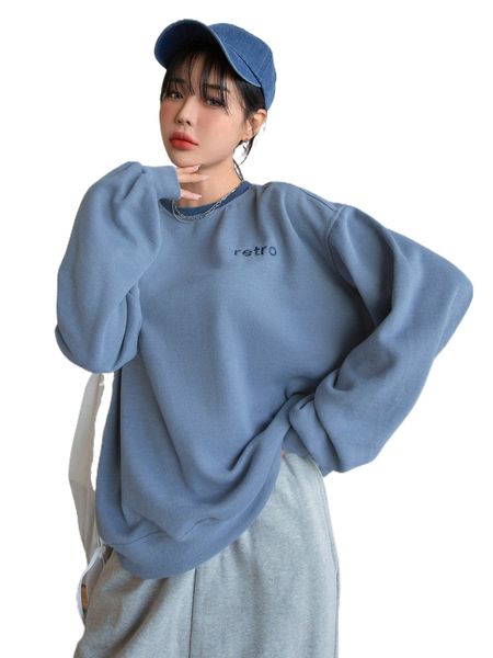 dazy letter embroidery drop shoulder pullover s9to#, Black