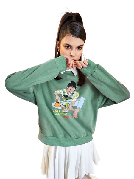 x diytown figure & letter graphic contrast collar drop shoulder pullover b7rc#, Black
x diytown figure & letter graphic contrast collar drop shoulder pullover b7rc#, Black