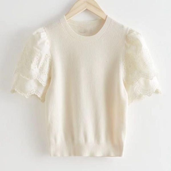 women's sweaters os spring and summer temperament lady style round neck lace bubble sleeve stitched sweater top, White;black 
women's sweaters os spring and summer temperament lady style round neck lace bubble sleeve stitched sweater top, White;black