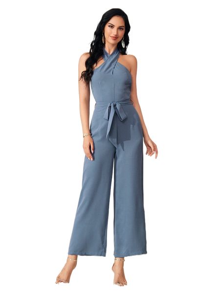 cross wrap tie backless belted halter jumpsuit u2yo#, Black;white 
cross wrap tie backless belted halter jumpsuit u2yo#, Black;white