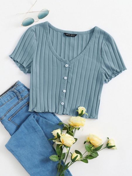 button up rib-knit crop 51uw#, White
