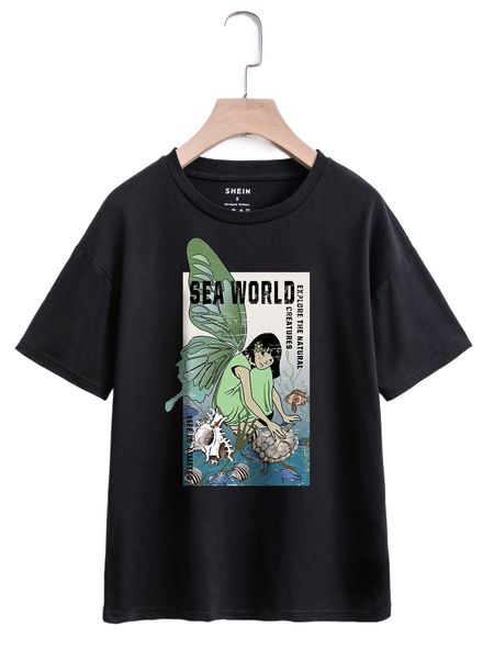 figure and slogan graphic drop shoulder tee k9mk#, White
figure and slogan graphic drop shoulder tee k9mk#, White