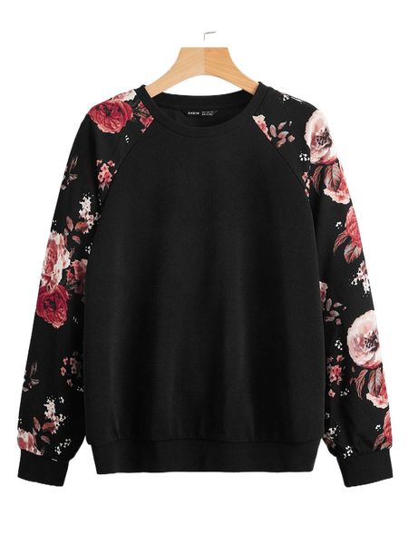 floral print raglan sleeve pullover l2kr#, Black