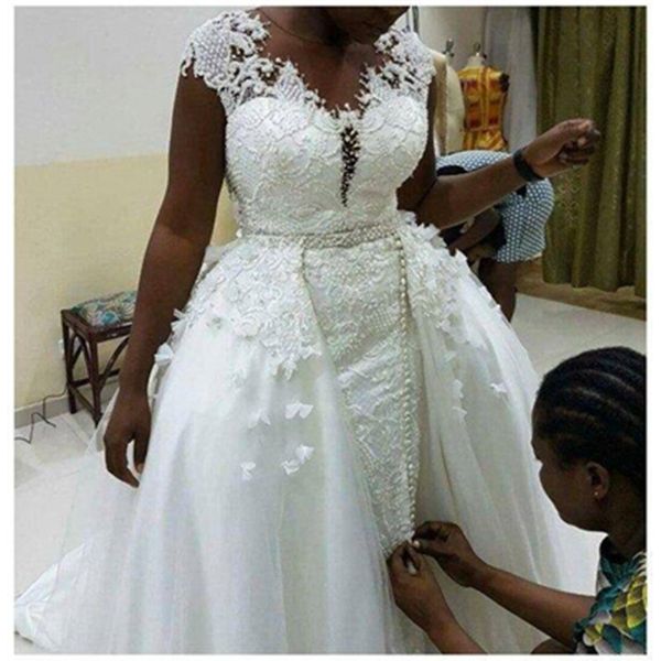 2022 overskirts wedding dresses cap sleeves beading beach bridal gowns lace appliqued mermaid dress vestidos de noiva, White
2022 overskirts wedding dresses cap sleeves beading beach bridal gowns lace appliqued mermaid dress vestidos de noiva, White