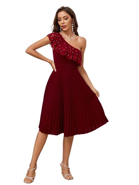 contrast lace pearls beaded one shoulder ruffle trim pleated dress x11e#, Black;gray
contrast lace pearls beaded one shoulder ruffle trim pleated dress x11e#, Black;gray