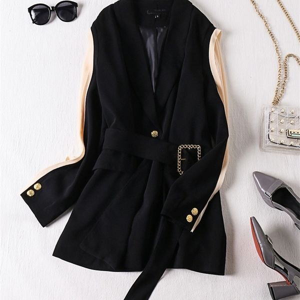 2020 spring and autumn women blazer black stitching suit female belt retro new fashion british style lj201021, White;black
2020 spring and autumn women blazer black stitching suit female belt retro new fashion british style lj201021, White;black