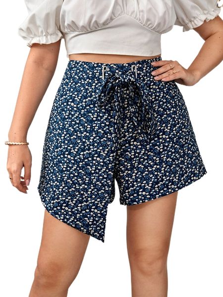 plus ditsy floral drawstring waist asymmetrical hem skort q6i1#, Black 
plus ditsy floral drawstring waist asymmetrical hem skort q6i1#, Black