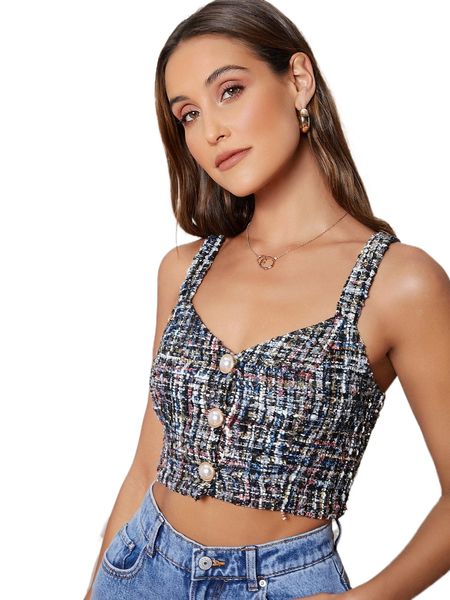 button front tweed cami i9w4#, White
