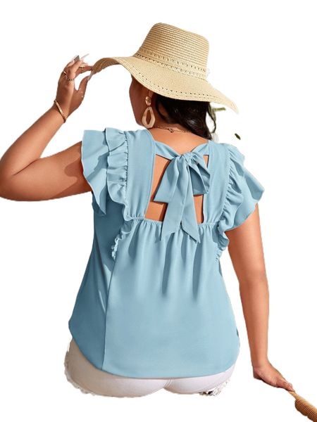 plus layered ruffle trim tie back blouse j49l#, Black