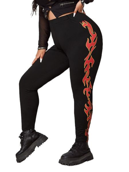 plus fire print high waist leggings y7fk#, Black