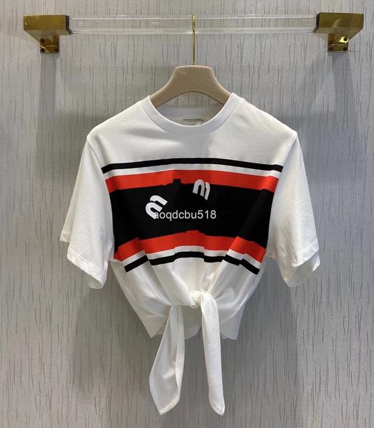 women's t-shirt 22s spring and summer miu letters contrast printing stripe bandage t hem design knot short t-shirt women, White
women's t-shirt 22s spring and summer miu letters contrast printing stripe bandage t hem design knot short t-shirt women, White
