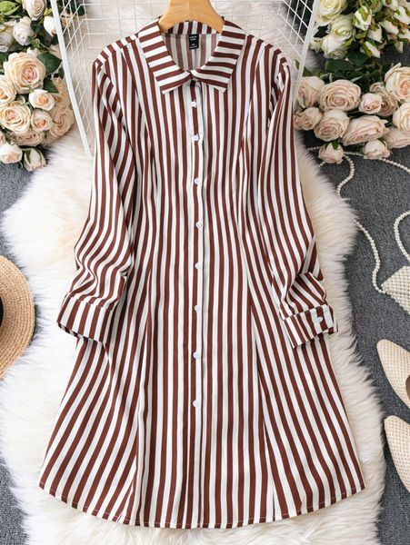 plus vertical striped shirt dress i5a7#, Black