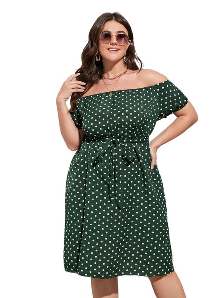 plus polka dot off shoulder puff sleeve belted dress k8a9#, Black
plus polka dot off shoulder puff sleeve belted dress k8a9#, Black