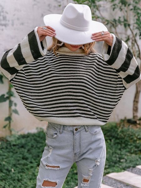 simplee striped drop shoulder sweater p2r8#, White;black
simplee striped drop shoulder sweater p2r8#, White;black