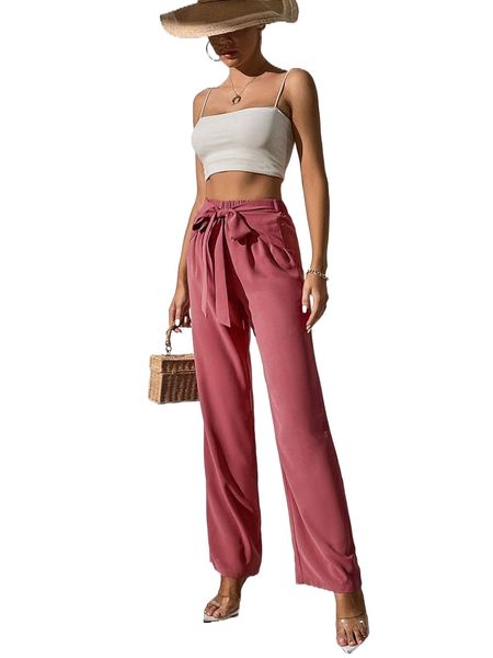 tall solid tie front pants b8he#, Black;white