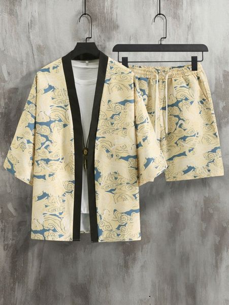 men crane print kimono & shorts without tee j9jm#, Gray