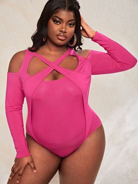 plus criss cross cut out bodysuit o6pn#, Black
