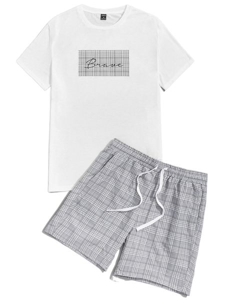 men letter graphic tee & plaid drawstring shorts set e6uu#, Gray