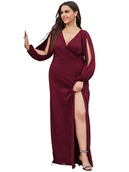 ever-pretty plus split thigh wrap dress s9jv#, Black