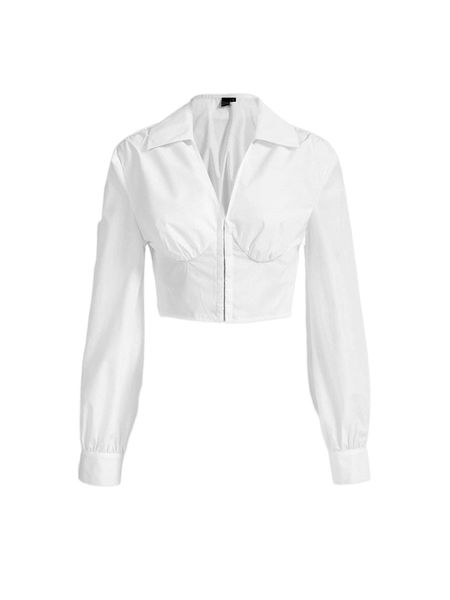 mod collared ruched bust hook and eye crop shirt l1bw#, White