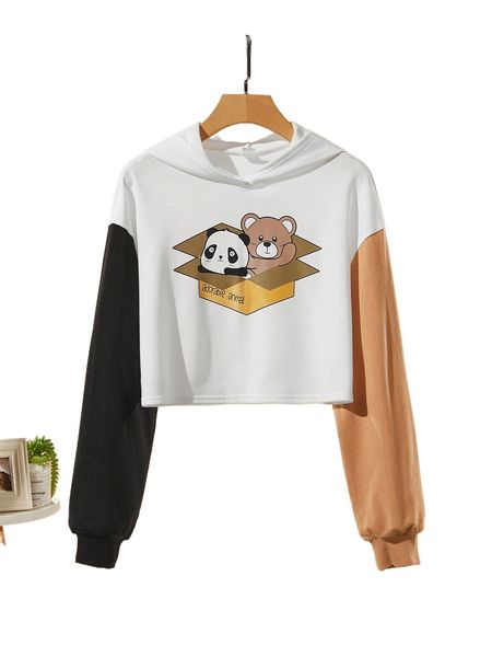 teen girls cartoon graphic colorblock hoodie v4oz#, Black;white 
teen girls cartoon graphic colorblock hoodie v4oz#, Black;white