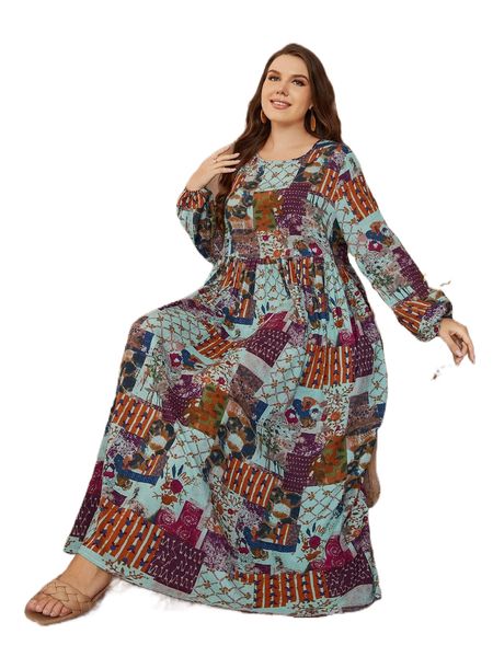 plus patchwork print lantern sleeve dress d3ha#, Black 
plus patchwork print lantern sleeve dress d3ha#, Black