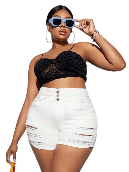plus high waist ripped denim shorts s1n5#, White;black