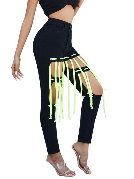 high waist cut out frayed fringe skinny jeans r6rg#, Blue