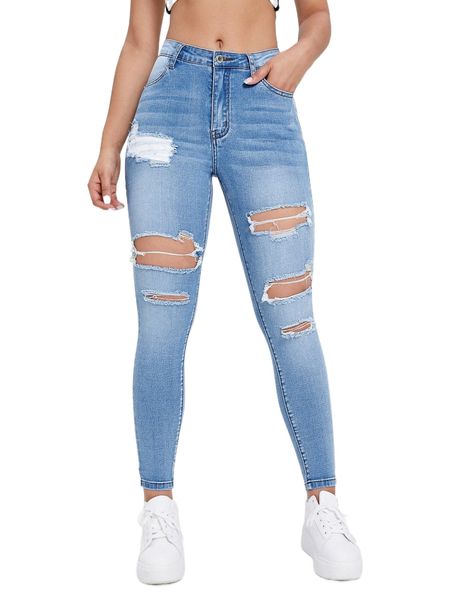 cut out ripped frayed skinny jeans l3il#, Blue