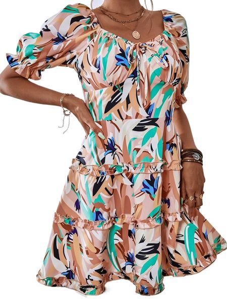random graphic print sweetheart neck tie front puff sleeve dress g985#, Black;gray
random graphic print sweetheart neck tie front puff sleeve dress g985#, Black;gray