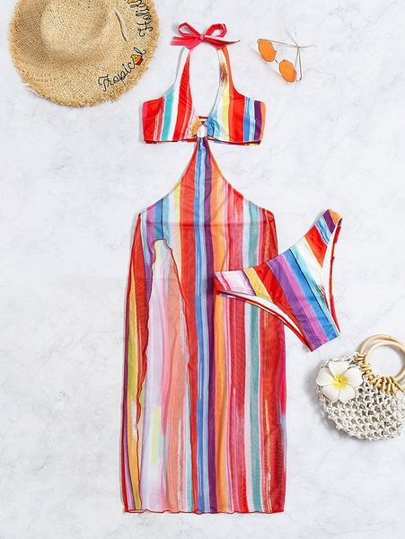 striped ring linked cover up with bikini bottom w2k9#, White;black
striped ring linked cover up with bikini bottom w2k9#, White;black