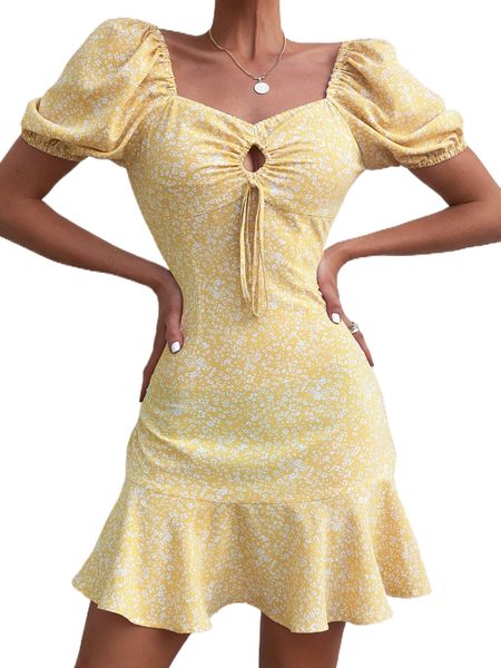 ditsy floral puff sleeve tie front ruffle hem dress b89k#, Black;gray
ditsy floral puff sleeve tie front ruffle hem dress b89k#, Black;gray