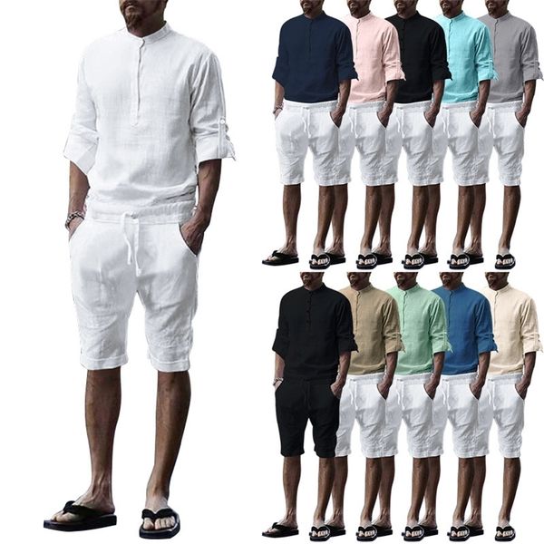 men outfit set summer casual loose short sleeved shirt shorts fashion solid color linen men s two piece suit 220630, White;black
men outfit set summer casual loose short sleeved shirt shorts fashion solid color linen men s two piece suit 220630, White;black