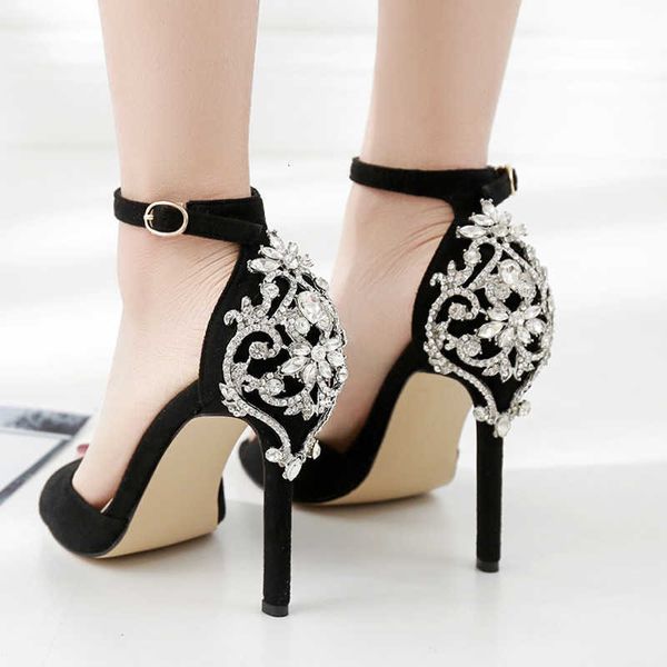 large diamond studded slotted buckle women's high-heeled sandals women, Black 
large diamond studded slotted buckle women's high-heeled sandals women, Black