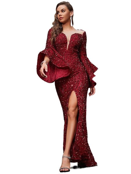 flounce sleeve split thigh sequins prom dress 29oq#, Black;gray 
flounce sleeve split thigh sequins prom dress 29oq#, Black;gray