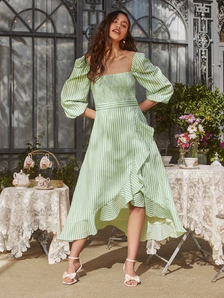x brittney laycock striped shirred lantern sleeve tie back ruffle trim wrap dress 40ib#, Black;gray
x brittney laycock striped shirred lantern sleeve tie back ruffle trim wrap dress 40ib#, Black;gray