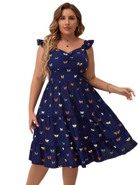 plus butterfly print ruched ruffle hem dress 145o#, Black