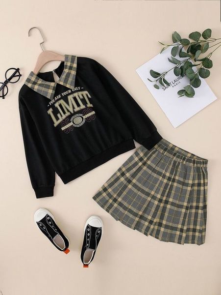 girls slogan and plaid print pullover & pleated skirt she, White
girls slogan and plaid print pullover & pleated skirt she, White