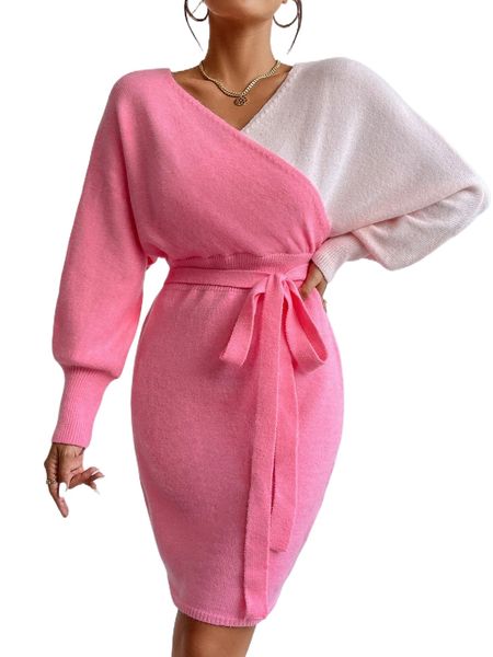 color block dolman sleeve overlap collar belted sweater dress l79l#, White;black
color block dolman sleeve overlap collar belted sweater dress l79l#, White;black
