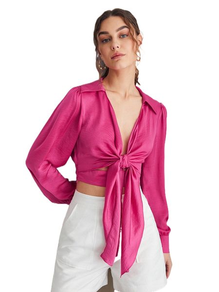 tie front bishop sleeve blouse 1273#, White
tie front bishop sleeve blouse 1273#, White