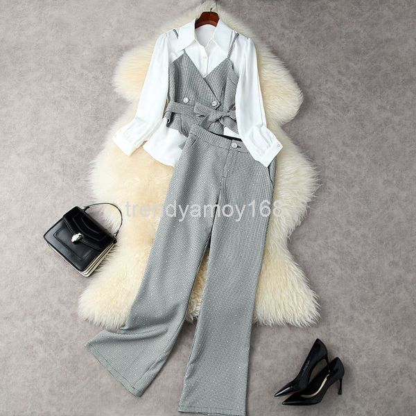 women's two piece pants autumn women's suspender splicing shirt fake two-piece + thousand bird check diamond flared pants set 1255, White
women's two piece pants autumn women's suspender splicing shirt fake two-piece + thousand bird check diamond flared pants set 1255, White