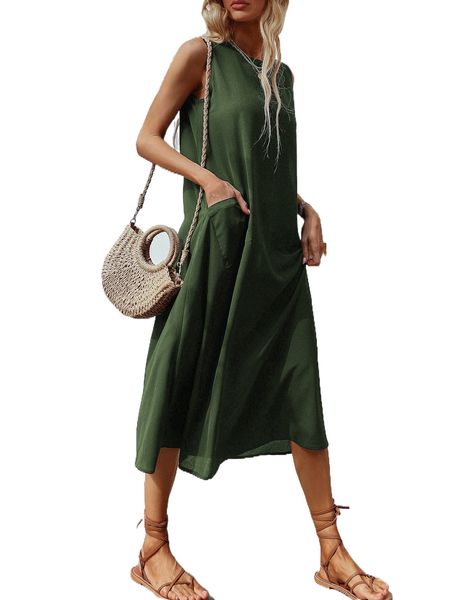 dual pockets sleeveless tank dress l26l#, Black;gray
