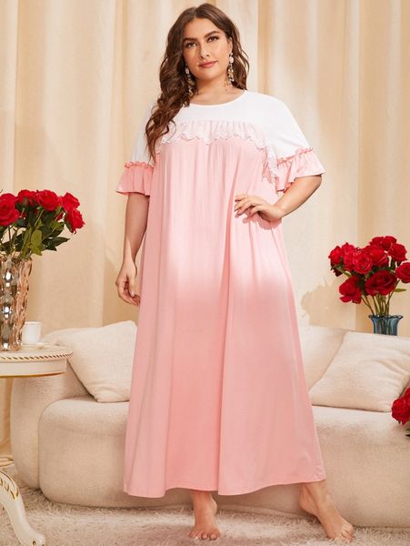 plus contrast lace two tone ruffle trim night dress k17s#, Black;white 
plus contrast lace two tone ruffle trim night dress k17s#, Black;white