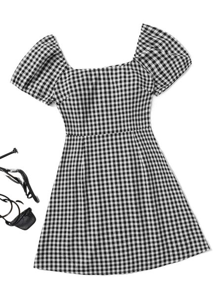 gingham zip back puff sleeve dress q1nw#, Black;gray