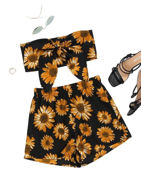 sunflower print tie front & shorts q94v#, White 
sunflower print tie front & shorts q94v#, White