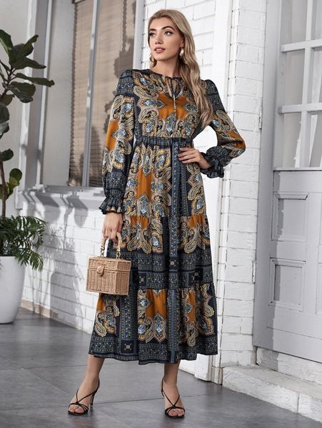 paisley print tie neck dress x9t6#, Black;gray